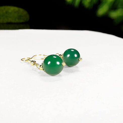 أقراط متدلى من حجر اليشم الأخضر الطبيعي للنساء الفتيات - أقراط قطرة مطلية بالذهب 18 قيراط in Kuwait