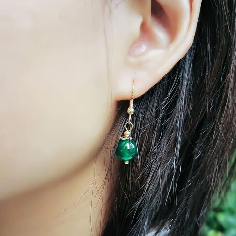 أقراط متدلى من حجر اليشم الأخضر الطبيعي للنساء الفتيات - أقراط قطرة مطلية بالذهب 18 قيراط in Kuwait