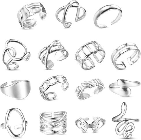 JeryWe 16 قطعة من حلقات المفاصل للنساء والرجال من الفولاذ المقاوم للصدأ مجموعة حلقات مفتوحة مكدسة بسيطة قابلة للتعديل من الفضة خواتم الإبهام للنساء in Kuwait