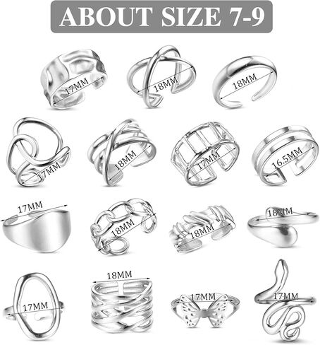 JeryWe 16 قطعة من حلقات المفاصل للنساء والرجال من الفولاذ المقاوم للصدأ مجموعة حلقات مفتوحة مكدسة بسيطة قابلة للتعديل من الفضة خواتم الإبهام للنساء in Kuwait