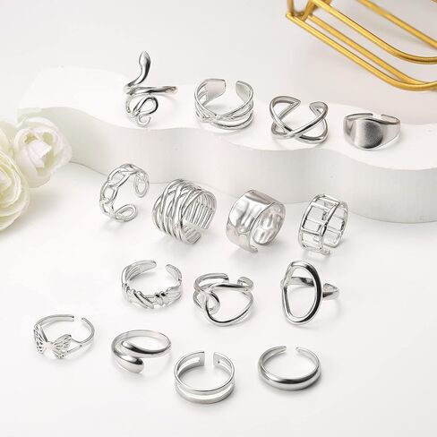 JeryWe 16 قطعة من حلقات المفاصل للنساء والرجال من الفولاذ المقاوم للصدأ مجموعة حلقات مفتوحة مكدسة بسيطة قابلة للتعديل من الفضة خواتم الإبهام للنساء in Kuwait