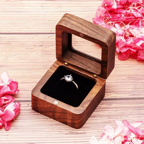 Square Portable Wood Ring Gift Box Case for Proposal Engagement Jewelry Display,Small Wooden Ring Holder (Black Inner) in Saudi Arabia