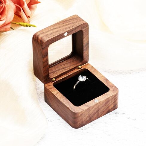 Square Portable Wood Ring Gift Box Case for Proposal Engagement Jewelry Display,Small Wooden Ring Holder (Black Inner) in Saudi Arabia