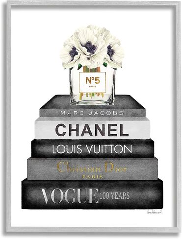 Stupell Industries Fashion Designer Flower Bookstack Black And White Watercolor, Design by Amanda Greenwood Gray Framed Wall Art, 16 x 20 in Saudi Arabia
