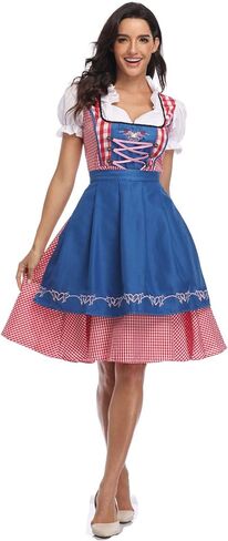 Women Oktoberfest Dirndl Costume Plaid German Beer Festival Cosplay Bavarian Dress Halloween Fancy Dress (S, Blue) in Kuwait