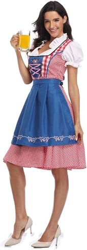 Women Oktoberfest Dirndl Costume Plaid German Beer Festival Cosplay Bavarian Dress Halloween Fancy Dress (S, Blue) in Kuwait