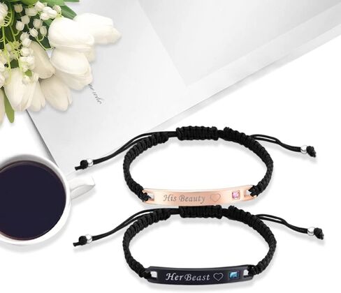 Maigendoo Couples Bracelets Couple Bracelet Adjustable Her Beast His Beauty Friendship Bracelet Partner Bracelet Couple Bracelets for Lovers Lover Boyfriend Girlfriend Gifts Black Rose Gold, 23 cm, in Kuwait