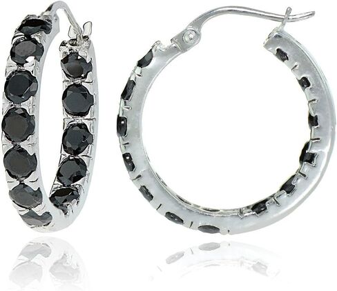 Sterling Silver Black Cubic Zirconia Inside Out 3x25 mm Round Hoop Earrings in Saudi Arabia