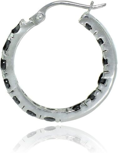 Sterling Silver Black Cubic Zirconia Inside Out 3x25 mm Round Hoop Earrings in Saudi Arabia