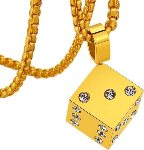 WELRDFG سلسلة رجالية مطلية بالذهب عيار 18 قيراط من الفولاذ المقاوم للصدأ قلادة بتصميم قلادة النرد المحظوظ الأسود ... in Kuwait