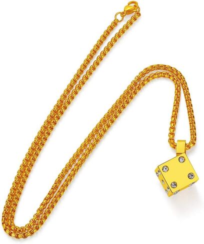 WELRDFG سلسلة رجالية مطلية بالذهب عيار 18 قيراط من الفولاذ المقاوم للصدأ قلادة بتصميم قلادة النرد المحظوظ الأسود ... in Kuwait