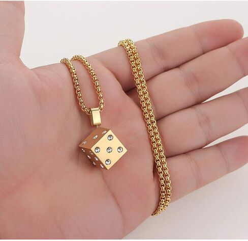 WELRDFG سلسلة رجالية مطلية بالذهب عيار 18 قيراط من الفولاذ المقاوم للصدأ قلادة بتصميم قلادة النرد المحظوظ الأسود ... in Kuwait