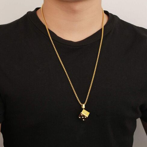 WELRDFG سلسلة رجالية مطلية بالذهب عيار 18 قيراط من الفولاذ المقاوم للصدأ قلادة بتصميم قلادة النرد المحظوظ الأسود ... in Kuwait