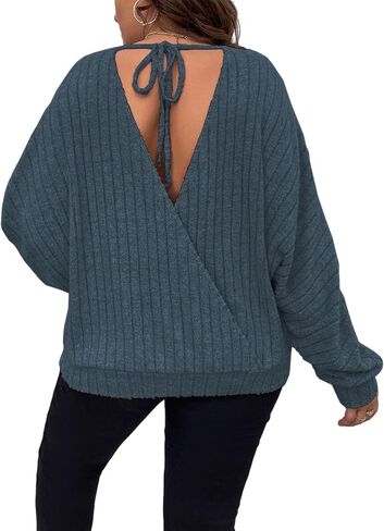 GORGLITTER Women's Plus Size Backless Wrap Sweater Long Sleeve Tie Back Round Neck Pullover Tops in Saudi Arabia