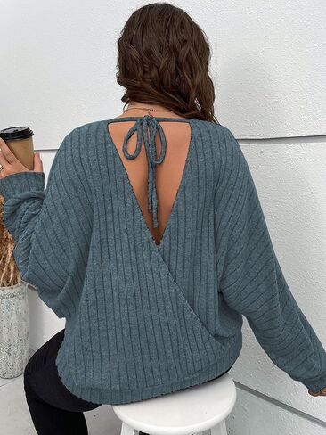 GORGLITTER Women's Plus Size Backless Wrap Sweater Long Sleeve Tie Back Round Neck Pullover Tops in Saudi Arabia