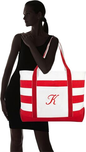 DALIX Beach Tote Bag Shoulder Bags Striped Monogrammed Red Ballent Letter A - Z in Saudi Arabia
