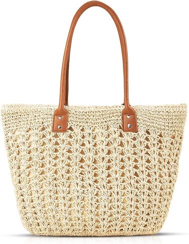 QTKJ Straw Bag, Summer Beach bag, Handwoven Straw Bag, Soft Large Beach Tote Boho Beach Shoulder Hand Bag, Woven Bag for Women Vacation Travel, Daily（Khaki） in Saudi Arabia