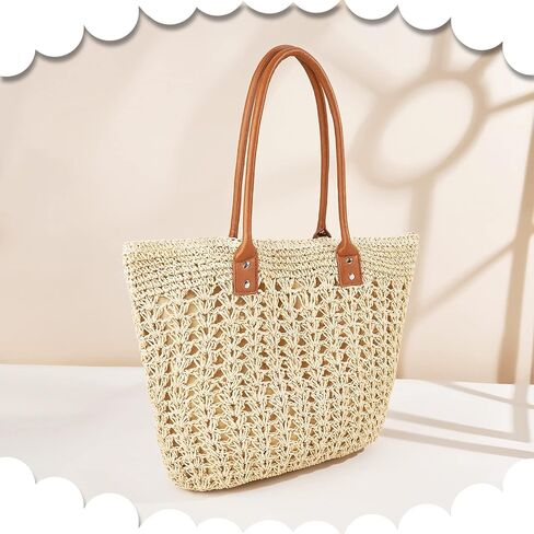 QTKJ Straw Bag, Summer Beach bag, Handwoven Straw Bag, Soft Large Beach Tote Boho Beach Shoulder Hand Bag, Woven Bag for Women Vacation Travel, Daily（Khaki） in Saudi Arabia
