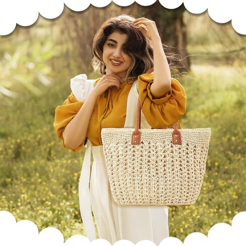 QTKJ Straw Bag, Summer Beach bag, Handwoven Straw Bag, Soft Large Beach Tote Boho Beach Shoulder Hand Bag, Woven Bag for Women Vacation Travel, Daily（Khaki） in Saudi Arabia