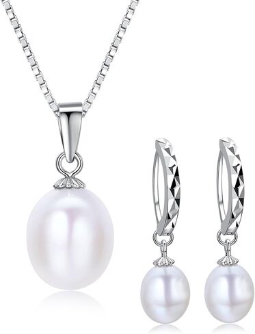 DIAMOVI The Ultimate Sterling Silver Jewelry 100% Real Natural Freshwater White Pearls | Silver Chain Pendant & Hoop Earrings | White Pearls For Women | Come In A Fine Jewelry Bag in Saudi Arabia