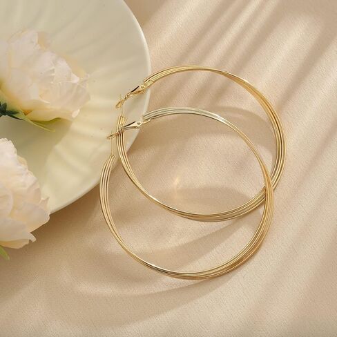 Large Gold Hoop Earrings for Women Lightweight Stainless Steel Hoops with 18K Real Gold Plated Hypoallergenic Big Circle Hoop Earrings for Women Girls in Saudi Arabia