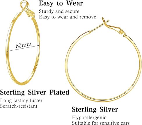 Gold Hoop Earrings for Women Girls 925 Sterling Silver Post Gold Hoops 14K Gold Plated Large Hoop Earrings Lightweight Hypoallergenic Big Gold Hoops Earrings in Kuwait