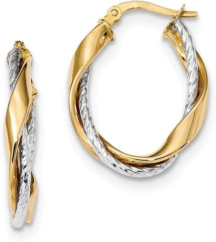 FB Jewels Solid 14K White And Yellow Two Tone Gold Polished Rope Twisted Oval Hoop Earrings in Saudi Arabia