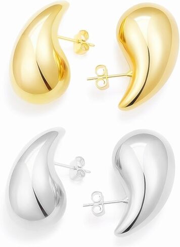 2 Pairs Chunky Gold Teardrop Hoop Earrings Set Dupes for Women Girls Hollow Polished Waterdrop Geometric Thick Lightweight Stud Earrings Tear Drop Hoops for Her Wife Mom Trendy Jewelry Gifts in Saudi Arabia