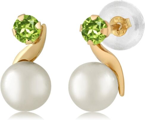 Gem Stone King 14K Yellow Gold Cultured Freshwater Pearl and Round 3MM Green Peridot Earrings For Women in Saudi Arabia