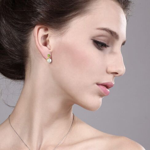 Gem Stone King 14K Yellow Gold Cultured Freshwater Pearl and Round 3MM Green Peridot Earrings For Women in Saudi Arabia