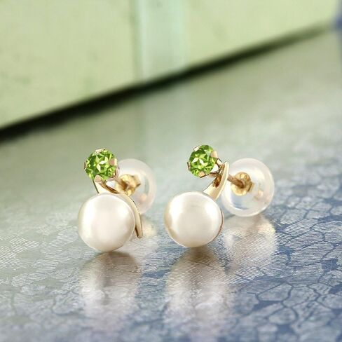 Gem Stone King 14K Yellow Gold Cultured Freshwater Pearl and Round 3MM Green Peridot Earrings For Women in Saudi Arabia
