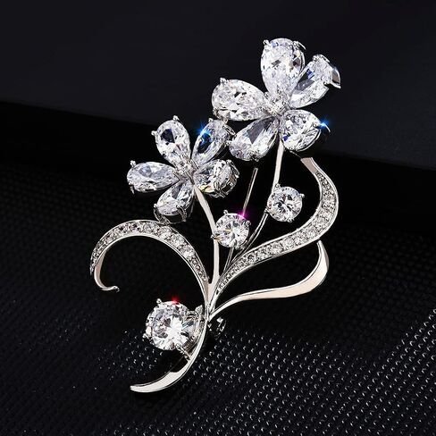 دبابيس كريستال خمر نمط زهرة بروش الزركون دبوس شكل الأزهار الفضة للنساء والفتيات والسيدات موضة هدية عيد الميلاد in Kuwait