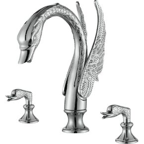 Gold Swan Bathroom Sink Faucet 3 Holes Widepspread Bathroom Faucet Double Swan Handles Basin Faucet Sink Mixer Tap Bathroom Vanity Faucets Contemporary Faucet Bathroom Sink