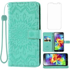Phone Case for Samsung Galaxy S5 Wallet Cases with Tempered Glass Screen Protector Leather Slim Flip Cover Card Holder Stand Cell Glaxay S 5 Neo Gaxaly 5S Galaxies GS5 G900A G900T Women Rose Gold