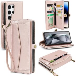 for Samsung Galaxy S22 Ultra Wallet Case for Women, RFID Blocking Card Holder, PU Leather Flip Phone Case with Crossbody Strap Wristlet Kickstand for Galaxy S22 Ultra 6.8", Pink