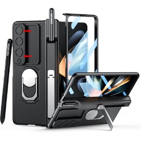 [Updated Version] Compatible with Samsung Galaxy Z Fold 3 Case [Built in Hidden S Pen Holder to Avoid Pen Lost][Leather on Back][Screen Protector][Hinge Protection] Cover 5G 2021-Silver in Kuwait