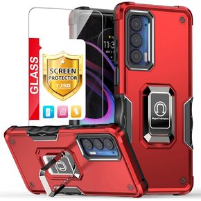 TJS for Motorola Moto Edge 2021 Case, Moto Edge 5G UW Case, with Tempered Glass Screen Protector, [Military Grade] Heavy Duty Protective Cover, Magnetic Support Ring Kickstand Phone Case (Blue)