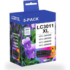 LC3011XL High Yield Ink Cartridges BK/C/M/Y (5-Pack) - Compatible for LC3011XL Ink Cartridges Replacement for Brother LC3011 LC3013 Ink Cartridges MFC-J497DW MFC-J491DW MFC-J895DW MFC-J690DW Printer