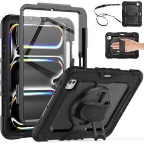 for iPad Pro 11-Inch Case M4 2024, Shockproof Case for iPad Pro 11 5th Generation with Screen Protector/Pencil Holder/Rotating Kickstand [Hand & Shoulder Strap],Black