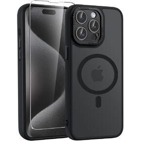 WRJ Case for iPhone 15 Pro Max with Screen Protector, [Compatible with MagSafe][Full Camera Protection] Anti-Fingerprints Slim Translucent Matte Shockproof Phone Cover for Women Men-Black