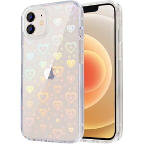 Tksafy Case for iPhone 12, iPhone 12 Pro Case, Clear Glitter Cute Laser Holographic Love Heart Pattern for Women Girls, Anti-Scratch Hard PC Protective Phone Cover for iPhone 12/12 Pro, Rainbow Heart