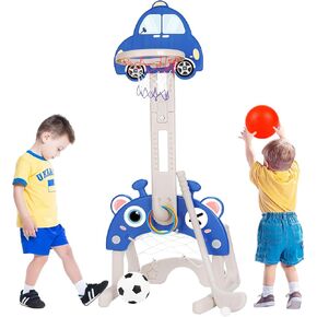 CYFIE Kids Basketball Hoop Toys with Football, Golf, Ring Toss, 4-in-1 Adjustable Height Toddler Activity Center Set for Girls Boys Sports Gifts Indoor Outdoor (Red)
