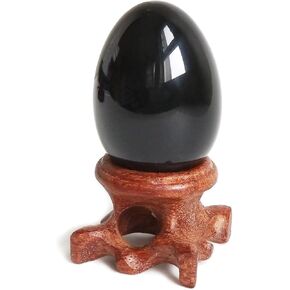 Black Obsidian Gemstone Egg Sphere with Wooden Stand for Healing Meditation Chakra Balancing and Home Decoration (Set of 3)
