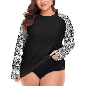 FOREYOND Plus Size Rash Guard Shirt for Women Long Sleeve UPF 50+ Sun Protection Loose Fit Swimming Shirt Swimwear Crew Neck Swimsuit Top, Red Florals, 5X