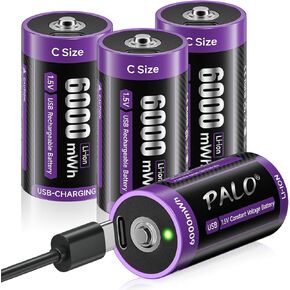 Rechargeable C Batteries with Charger 2 Pack, 1.5V Li-ion 6000 mWh C Cell Batteries with 2 in 1 Type-C Charging Cable for Household and Office Devices