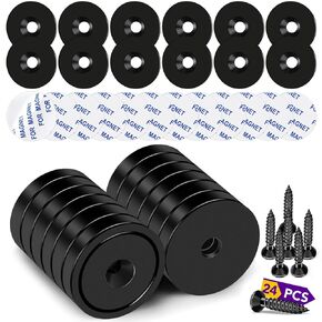 TRYMAG Rare Earth Magnets, 80LB+ Strong Neodymium Cup Magnets with Holes, Black Magnets with Countersunk Hole Steel Capsule, Powerful Disc Magnets with Screws for Wall Mounting, Cabinet-12 Pack