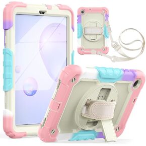 حافظة TPU شديدة التحمل مضادة للصدمات لهاتف Samsung Galaxy Tab A 8.4 SM-T307/T307U 2020 للأطفال، غطاء حماية متين مقاوم للسقوط مع واقي شاشة + مسند دوار + مقبض + حزام كتف، وردي