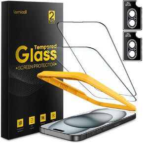 Lamicall 2+2 for iPhone 16 Plus Max Screen Protector (6.7") with Camera Lens Protector, [Top 9H Tempered Glass Film], Easy Alignment, Anti-Scratch, 0 Bubbles, HD Clear for iPhone 16 Plus - 2 Pack Each