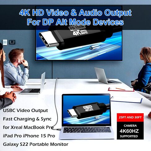 كابل USB C إلى USB C 25FT، 240W(5A) 4K60HZ USB3.2 GEN2x2، مخرج فيديو USBC شحن سريع ومزامنة لشاشة Xreal MacBook Pro iPad Pro iPhone 15 Pro Galaxy S22 المحمولة in Saudi Arabia