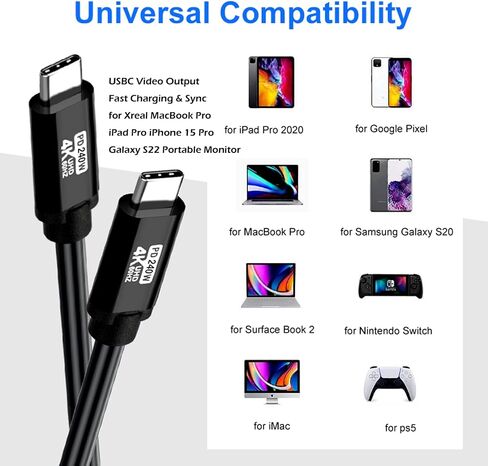 كابل USB C إلى USB C 25FT، 240W(5A) 4K60HZ USB3.2 GEN2x2، مخرج فيديو USBC شحن سريع ومزامنة لشاشة Xreal MacBook Pro iPad Pro iPhone 15 Pro Galaxy S22 المحمولة in Saudi Arabia